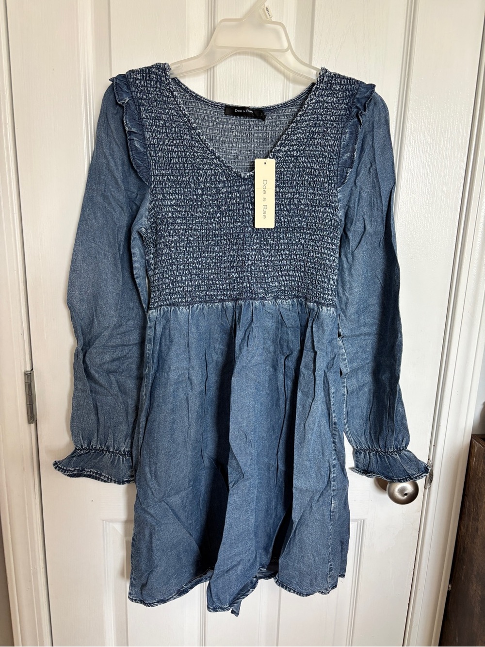 Doe & Rae Women's Denim-Blue Smocked Long-Sleeve Dress